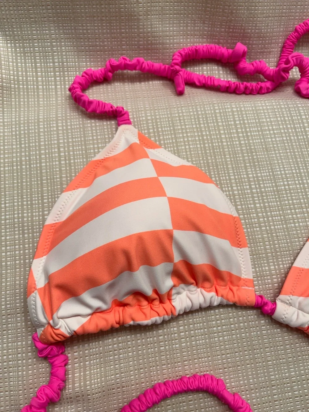 Aerie Striped Ruffle Triangle String Bikini Top Swim Neon Dopamine